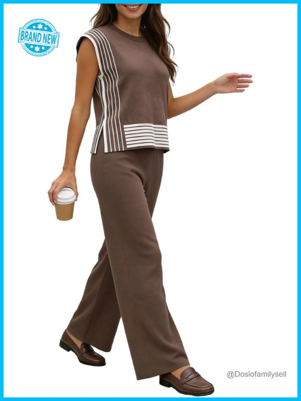 2 Piece Knit Matching Set with Pullover Top & Wide Leg Pants